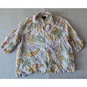 TAHARI Top Size 3X 100% Linen Leaf Print Tunic 3/4 Sleeve Casual Beach‎ Lounge
